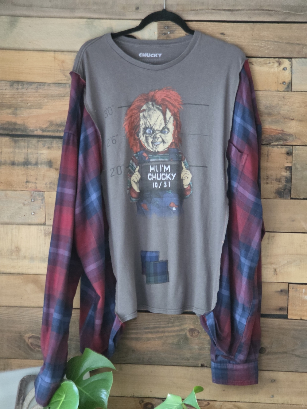 Upcycled Chucky Graphic T-shirt With Plaid Sleeves